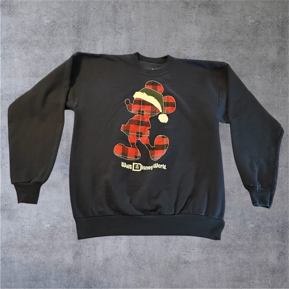 Disney Parks Sweatshirt Mens Medium Navy Blue Mickey Buffalo Plaid Holiday